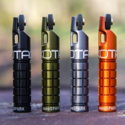Exotac nanoSPARK showing all four colours - black, gunmetal, orange and olive drab